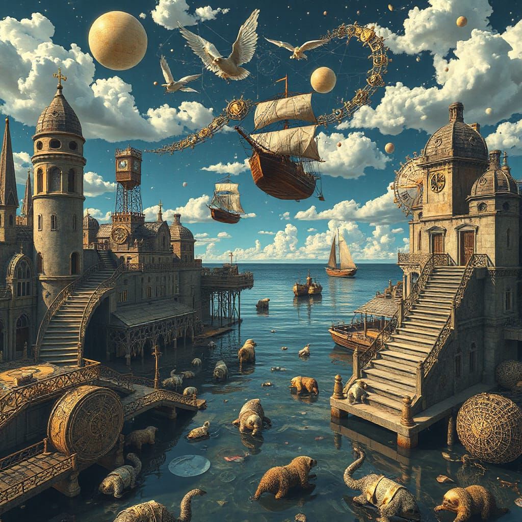 Sloths Travel Escher-esque Harbor with Sky Boats