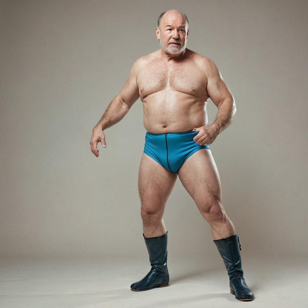 Balding Wrestler with Forceful Pose in Vibrant Spandex