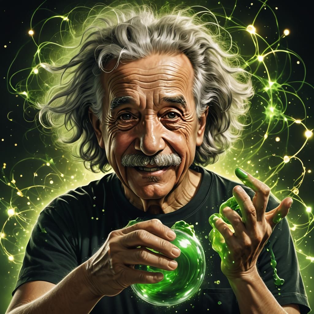 Einstein Smiling with Soft Focus Atom Background