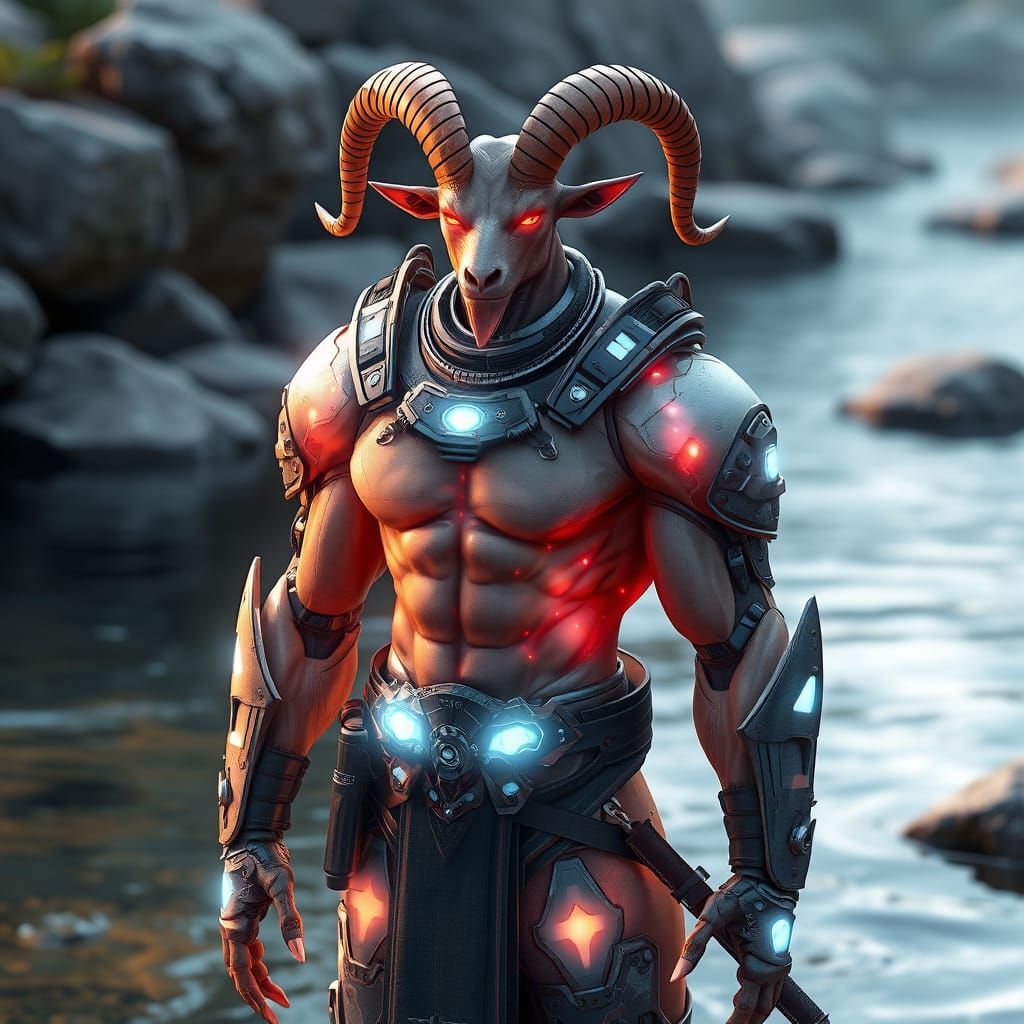 Cybernetic Goat Warrior in Translucent Armor