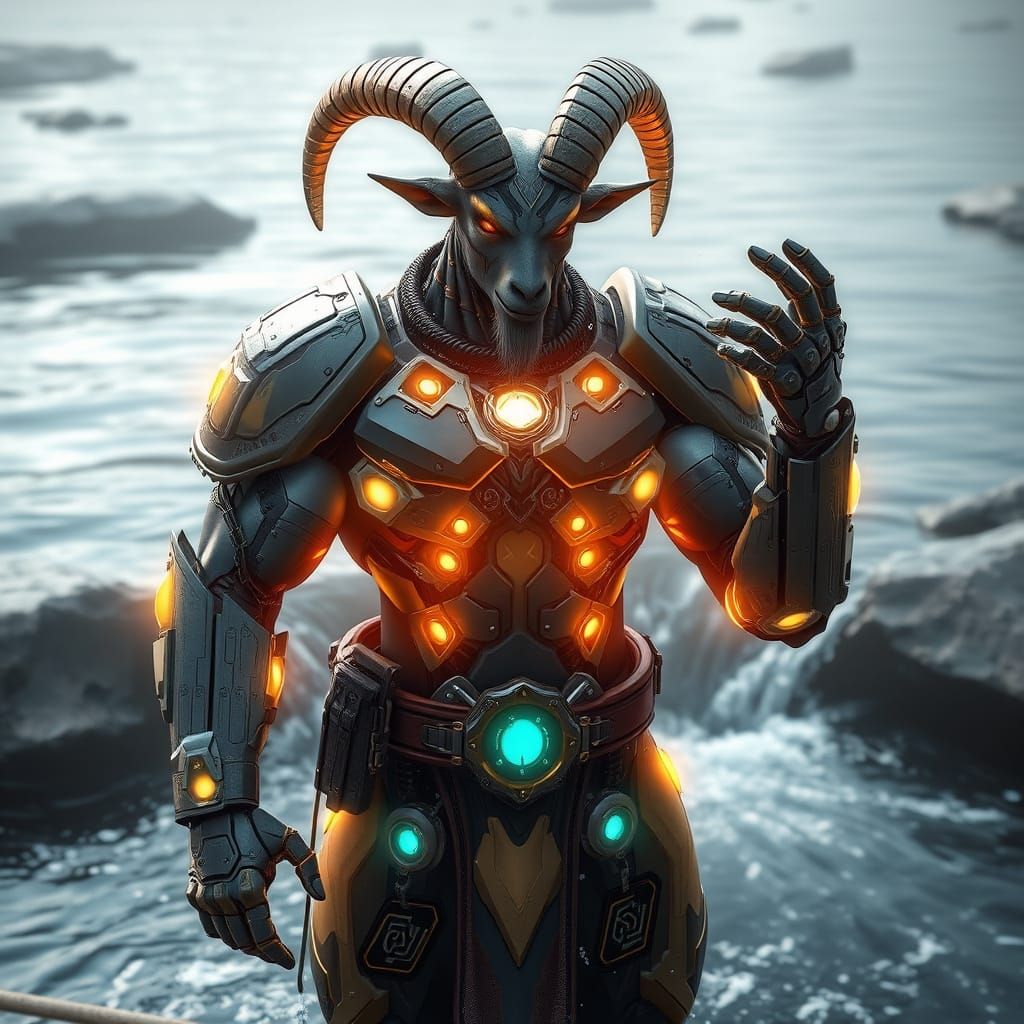 Cybernetic Goat Warrior in Translucent Armor