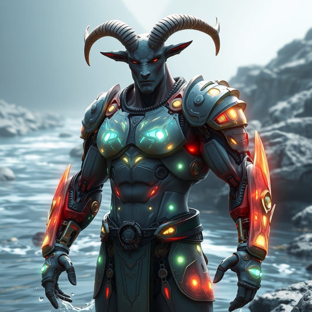 Cybernetic Goatfolk Warrior in 3D Anime Art Style