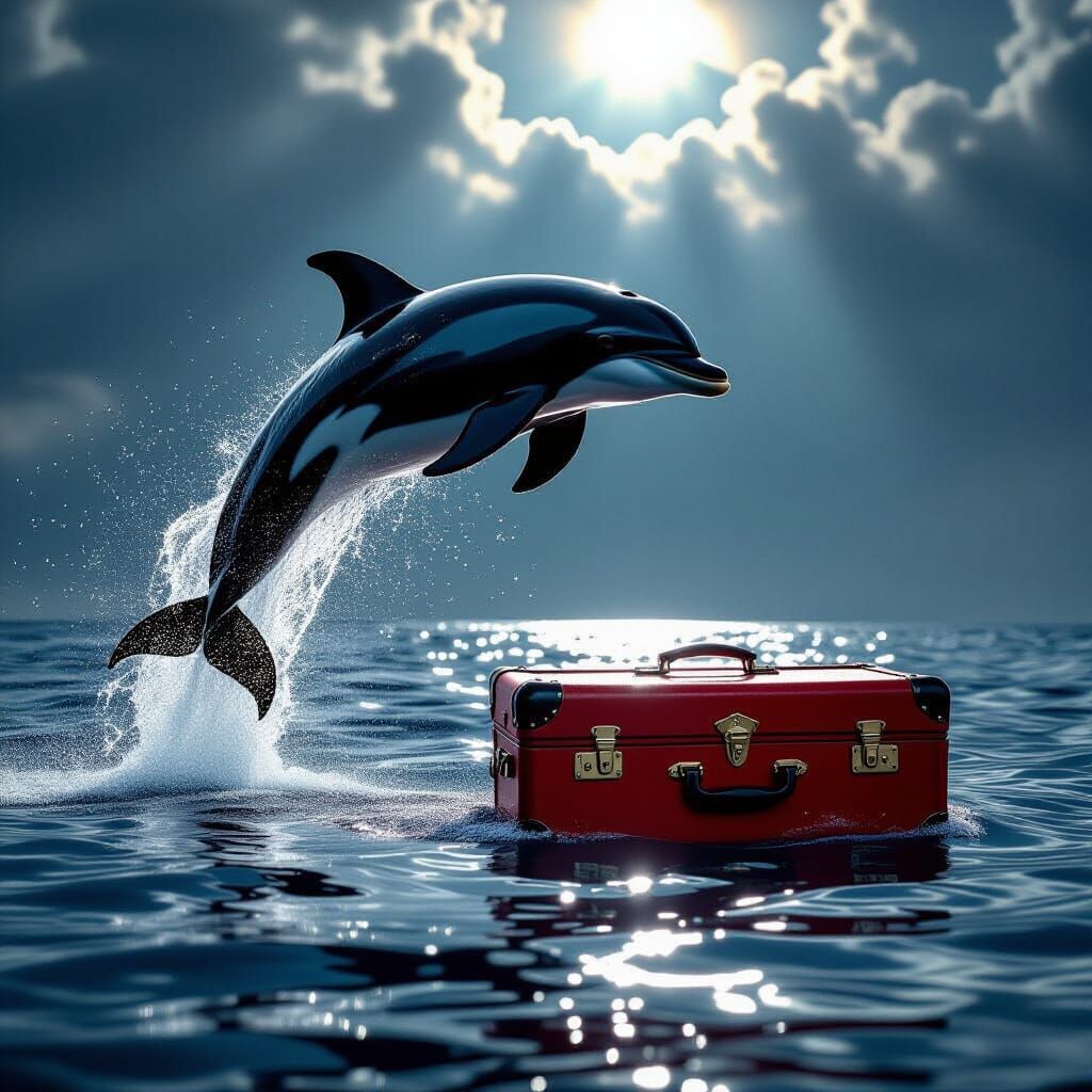 Dolphin Leaps Over Crimson Suitcase in Baroque Style