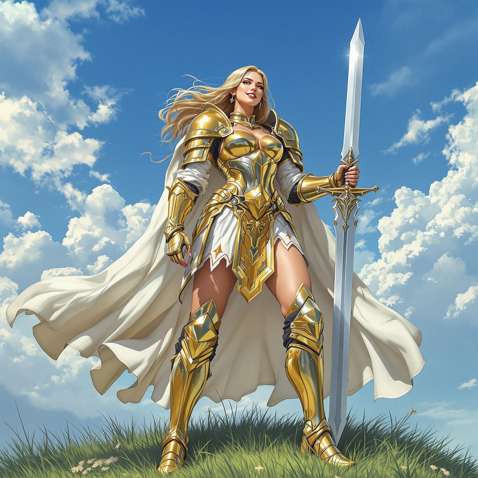 Female Paladin in Gold Armor with Greatsword