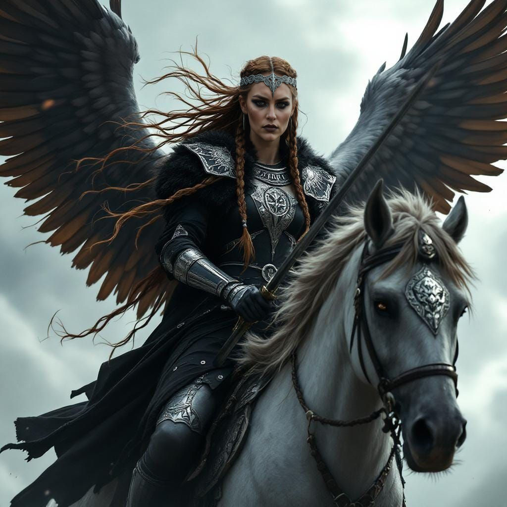 Viking Goddess Gunnr Riding Winged Horse