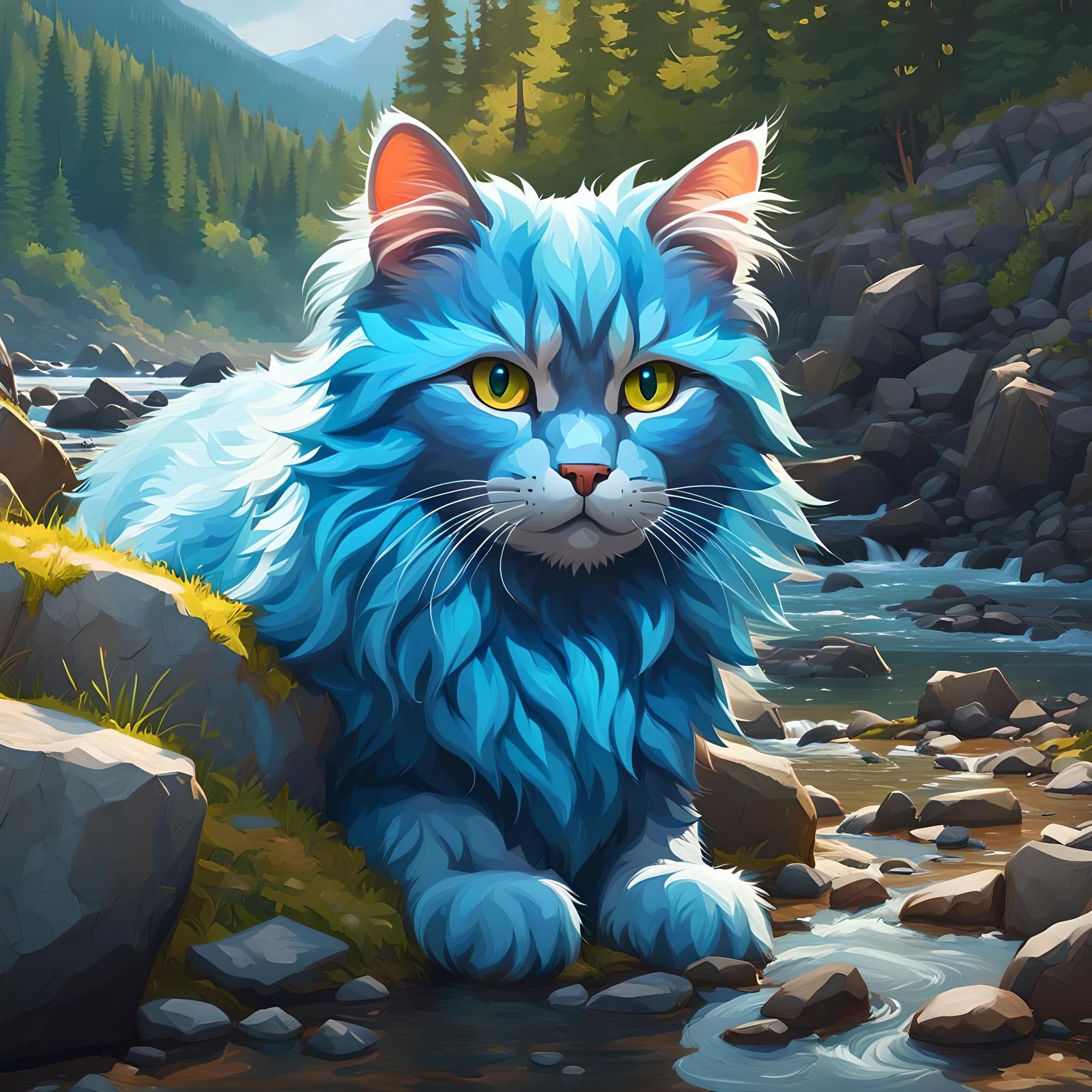 Vibrant Blue Cat Prospects for Gold in a Mountain Spring