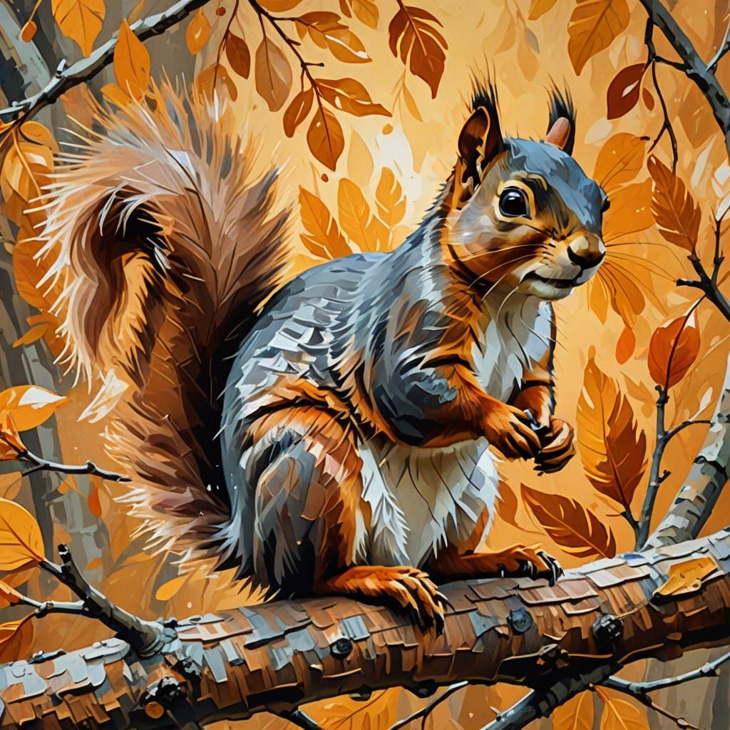 Feathered Squirrel on Branch in Gouache Style