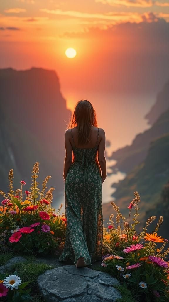 Hopeful Woman Watches Sunrise Over Lush Landscape