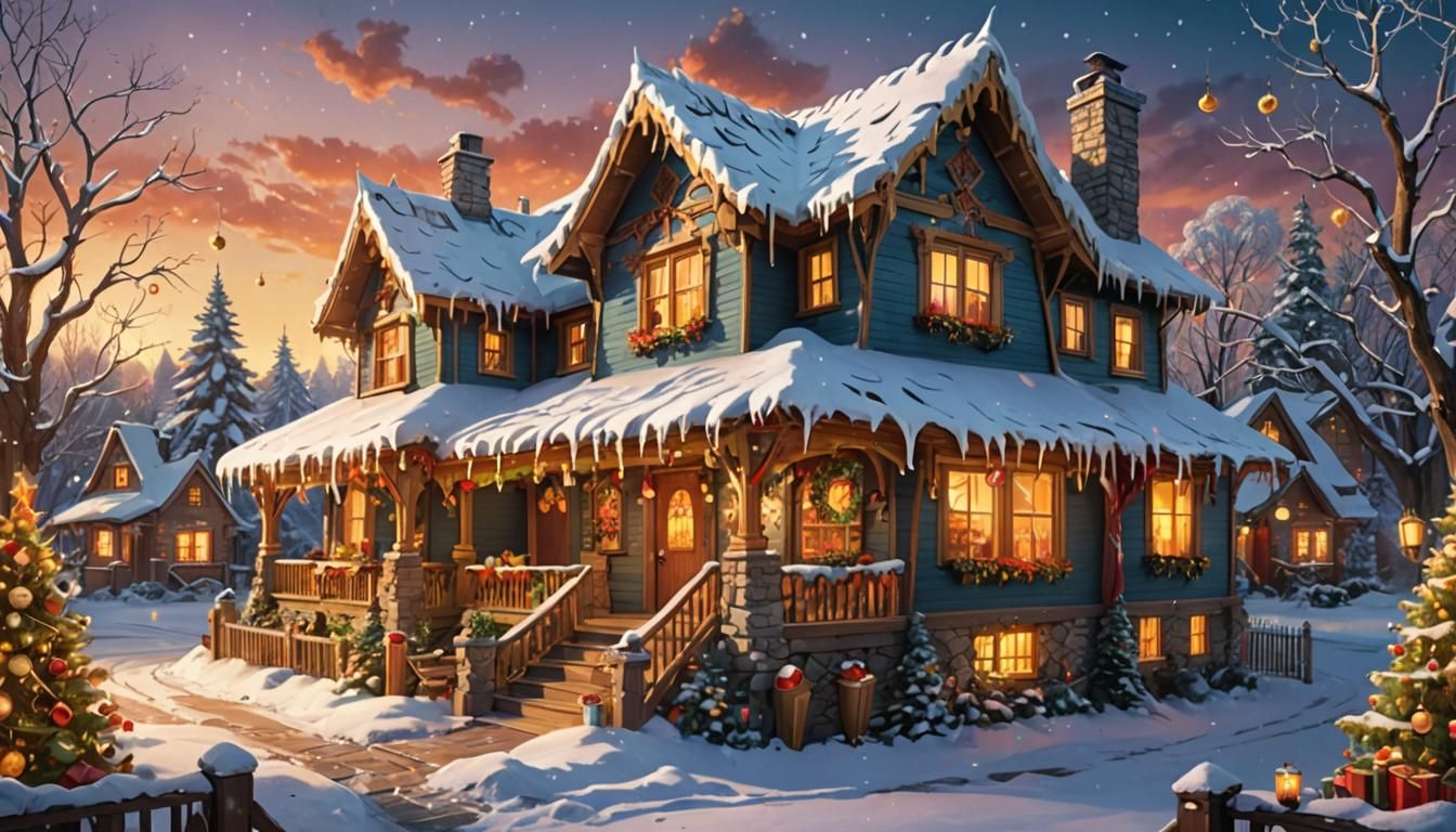 Whimsical Christmas Fantasy House with Vibrant Decorations