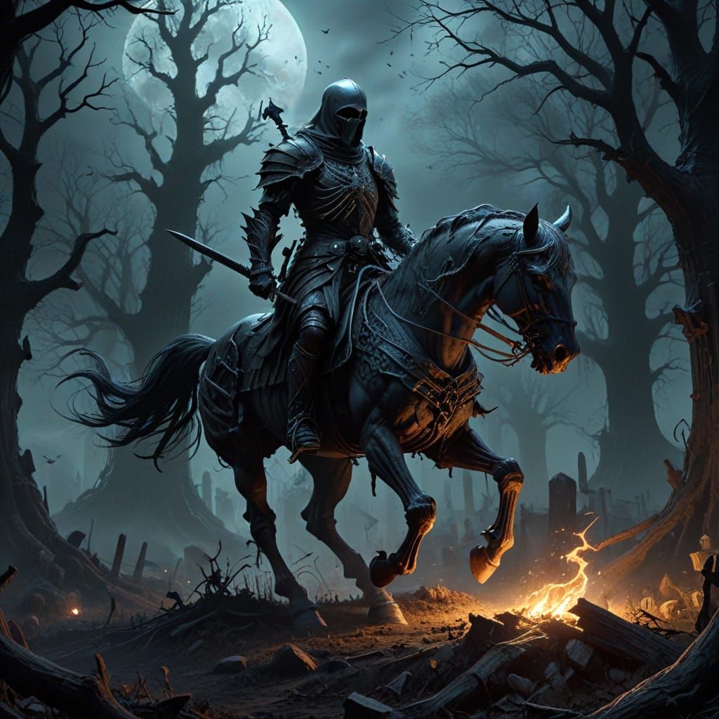 Spectral Knight Rides Skeletal Steed in Haunted Graveyard