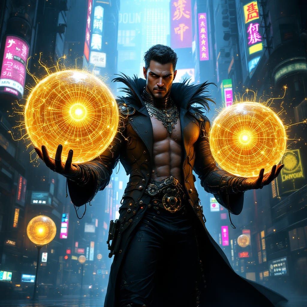 Cyberpunk Hero Grasping Golden Spheres of Power