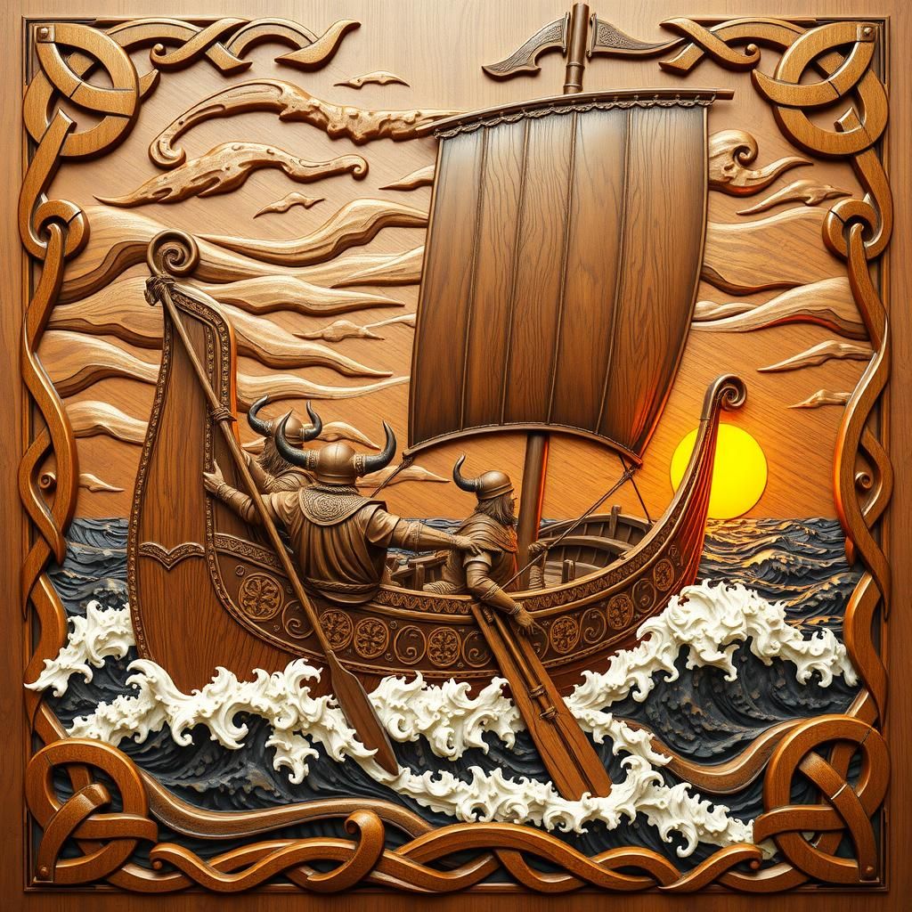 Vikings on a Majestic Longship, Wood Relief