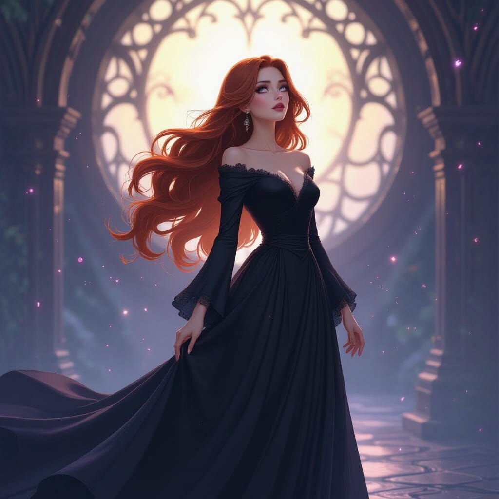 Mystical Witch in Black Dress with Auburn Hair