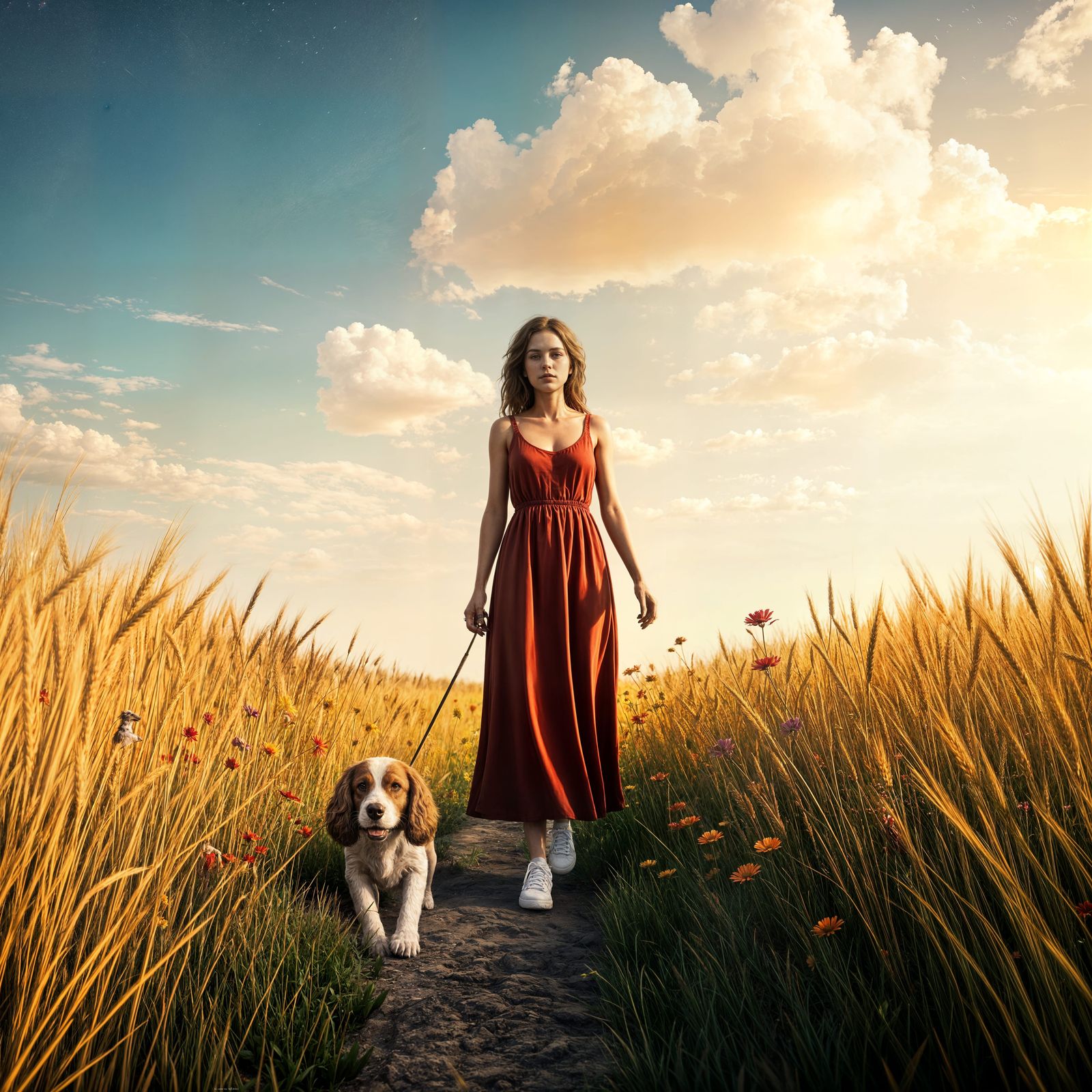 Woman and Dog in Golden Wheat Field