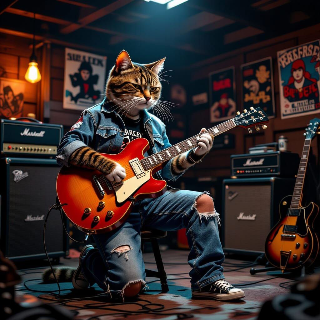 Tabby Cat Strums Guitar in Grungy Garage: Matte Painting