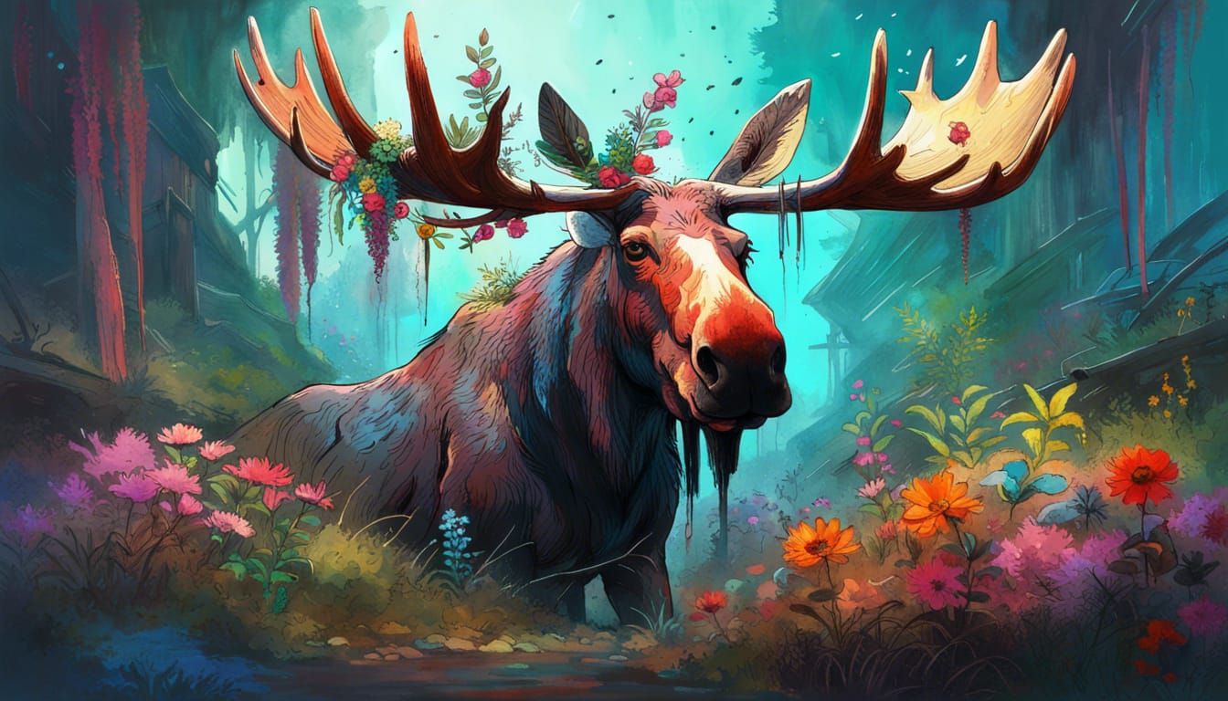 Ancient Moose Portrait in Vibrant Hyperrealism