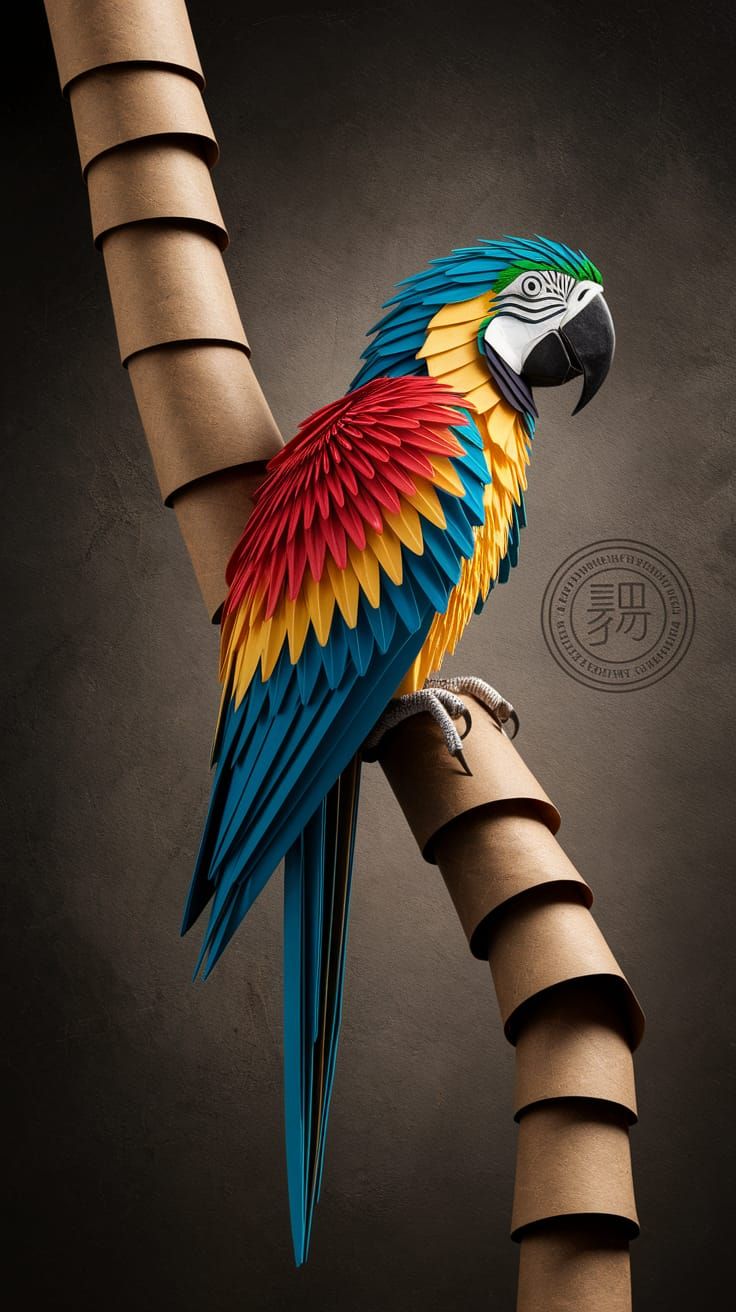 Vibrant Origami Macaw on Paper Scroll