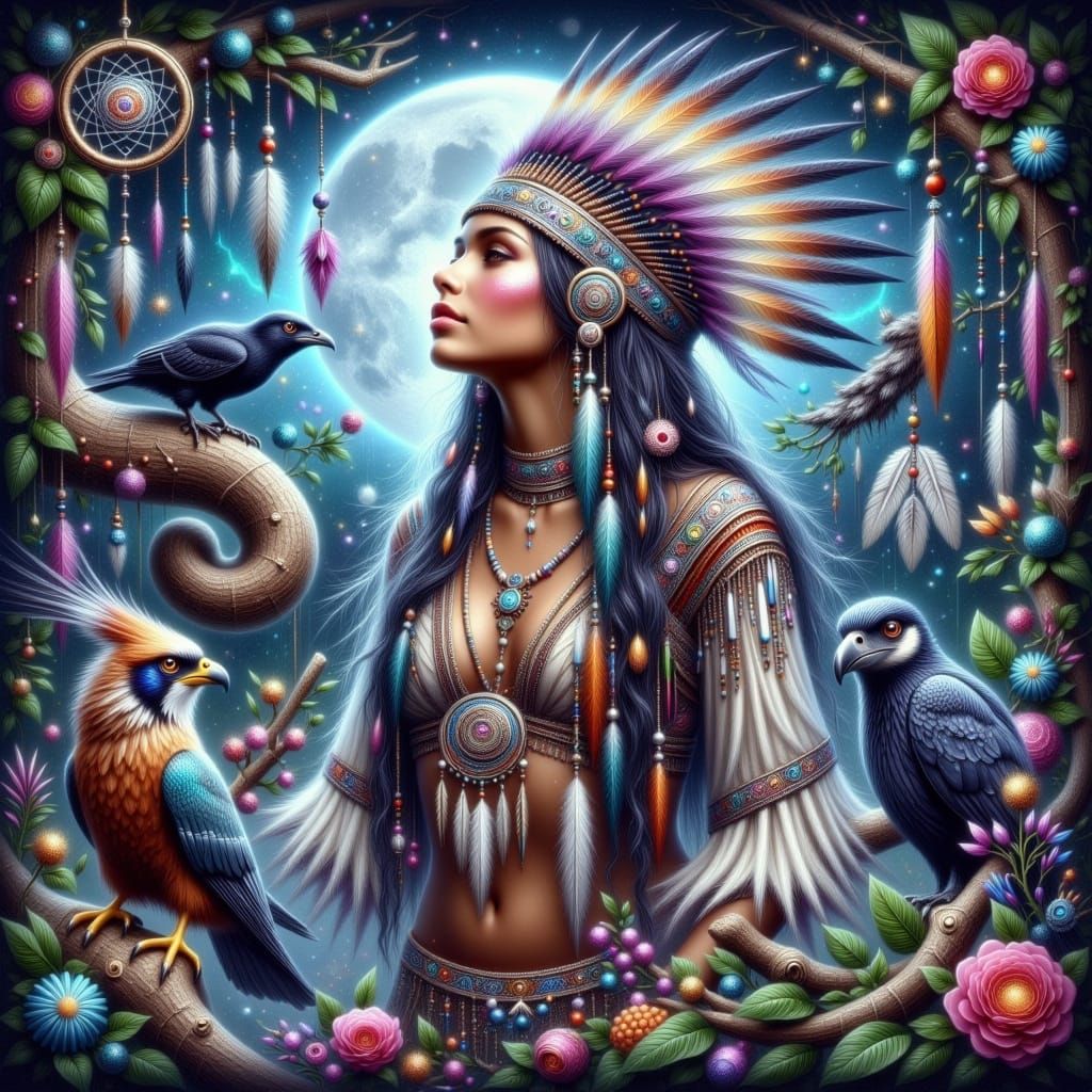 Native American Zodiac Goddess in a Dreamcatcher Forest Glow...