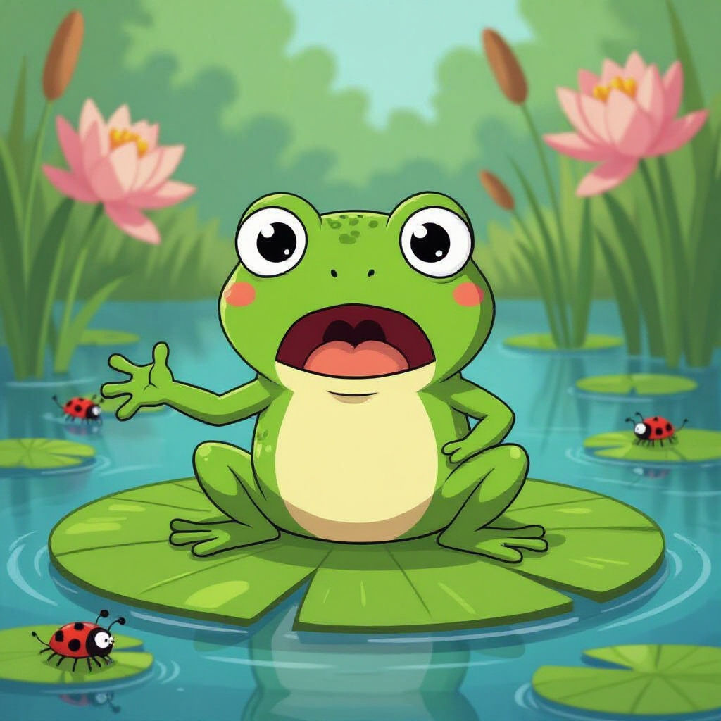 Surprised Cartoon Frog on Lily Pad in Animated Style