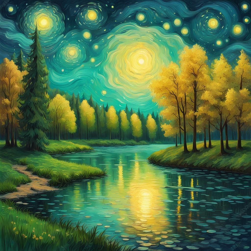 Starry Galaxy Sky Over Spring River Landscape in Impressioni...