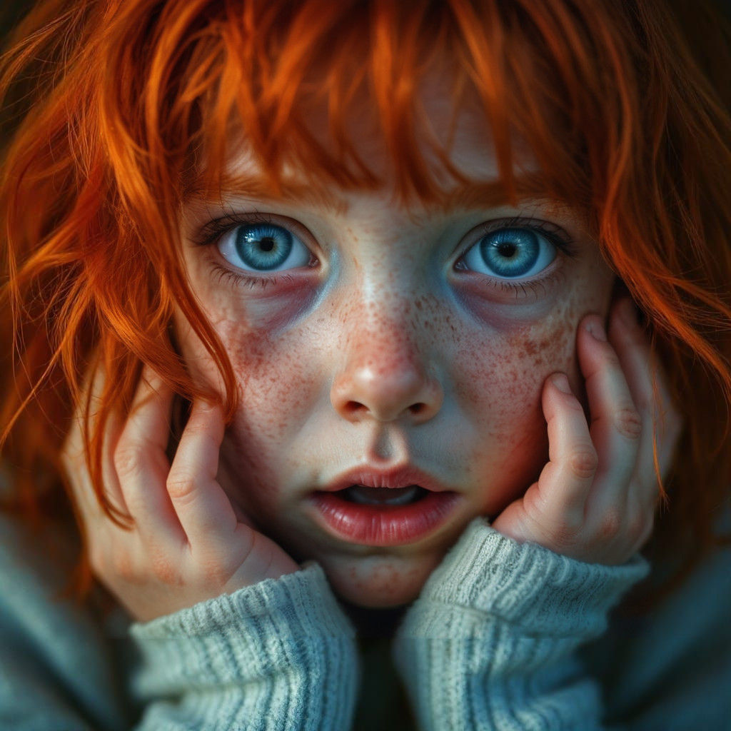 Hyperrealistic Portrait of a Frightened Child with Red Hair