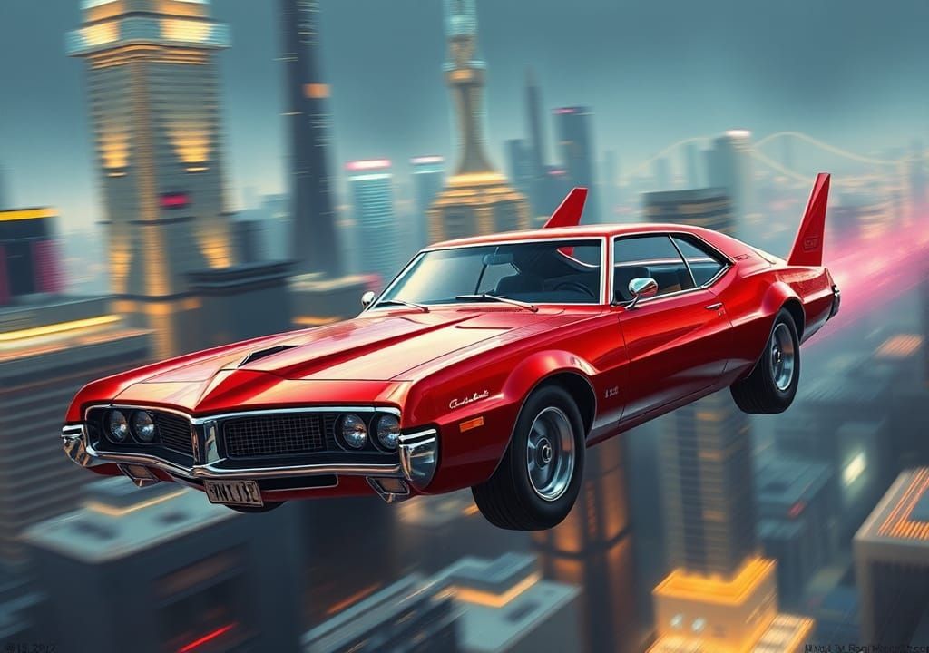 High-Tech Hybrid Car Soars Through Futuristic City Sky