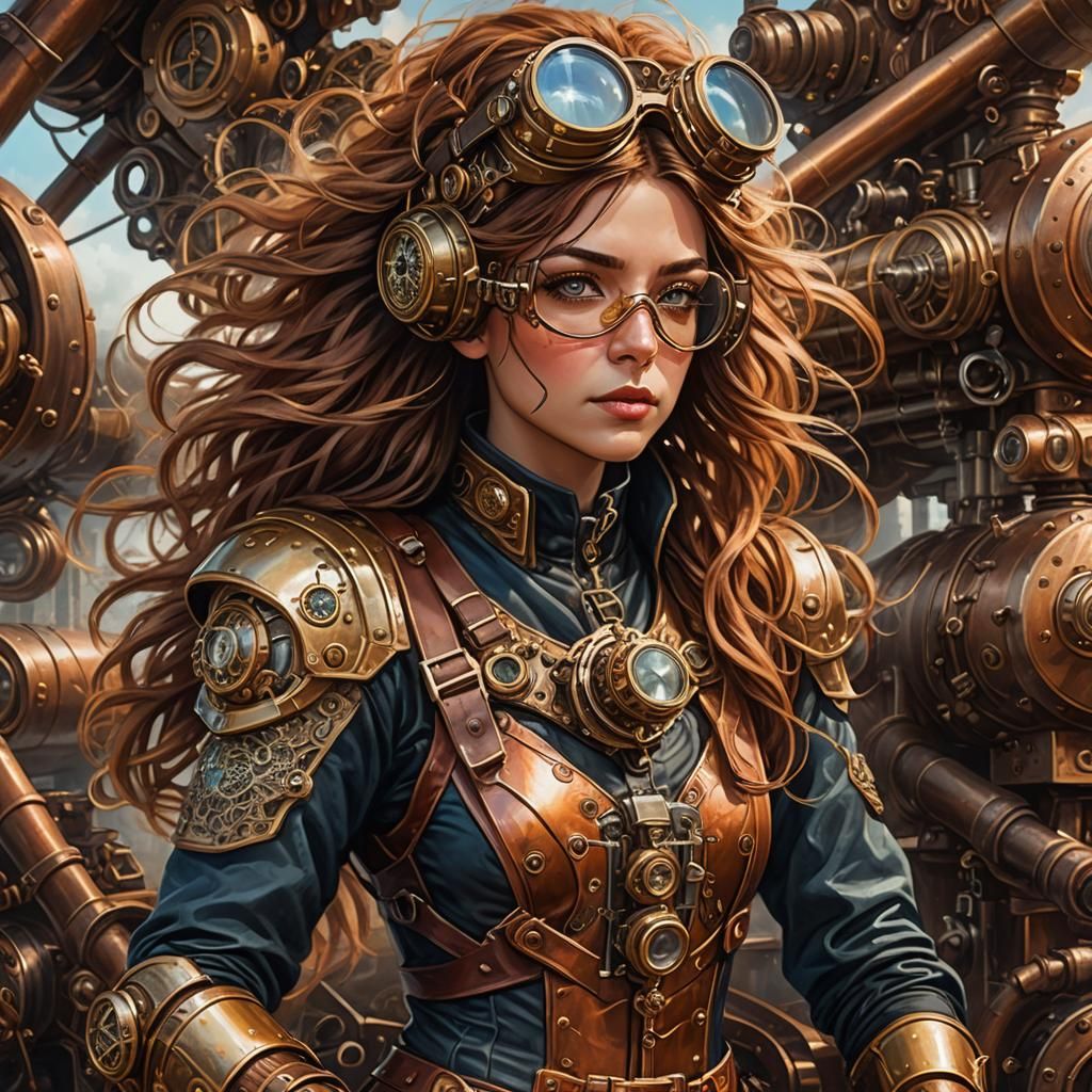 Steampunk Heroine in Brass Plated Armor Pilots Flying Car