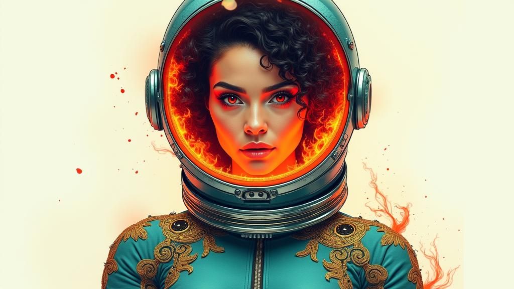 Venezuelan Woman in Teal Space Suit, Eyes Ablaze with Inner....