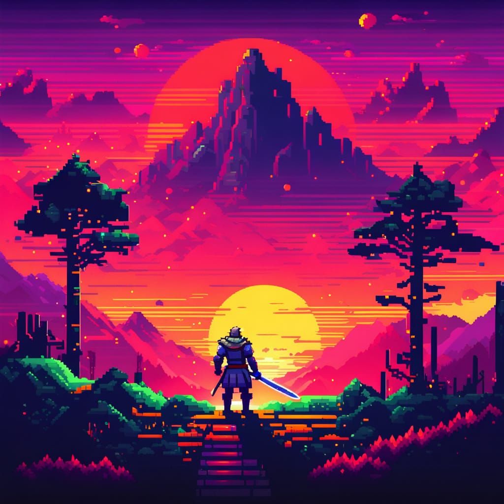 Epic 8-Bit Warrior Battles in Pixelated Mountains