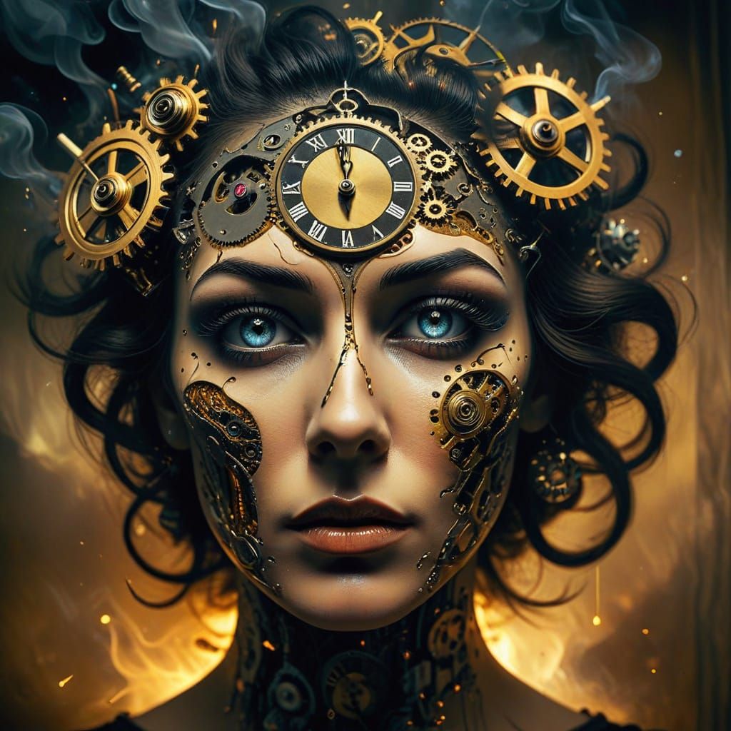 Surreal Clockwork Portrait in Dimly Lit Room
