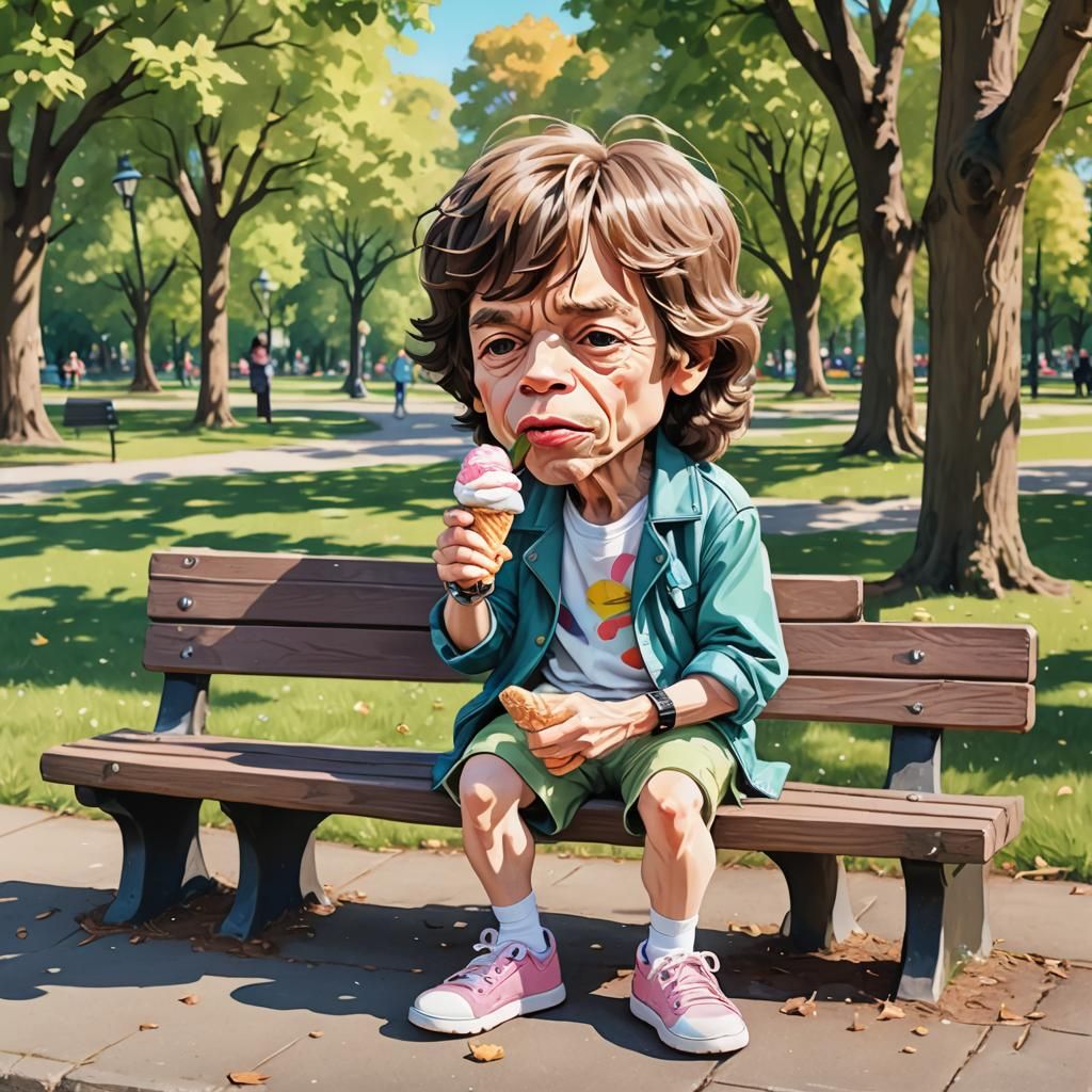 Kawaii Chibi Mick Jagger Enjoying Ice Cream in Sunny Park