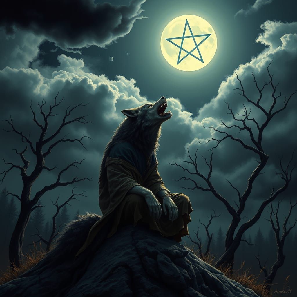 Mystical Wolf Contemplates the Moonlit Night