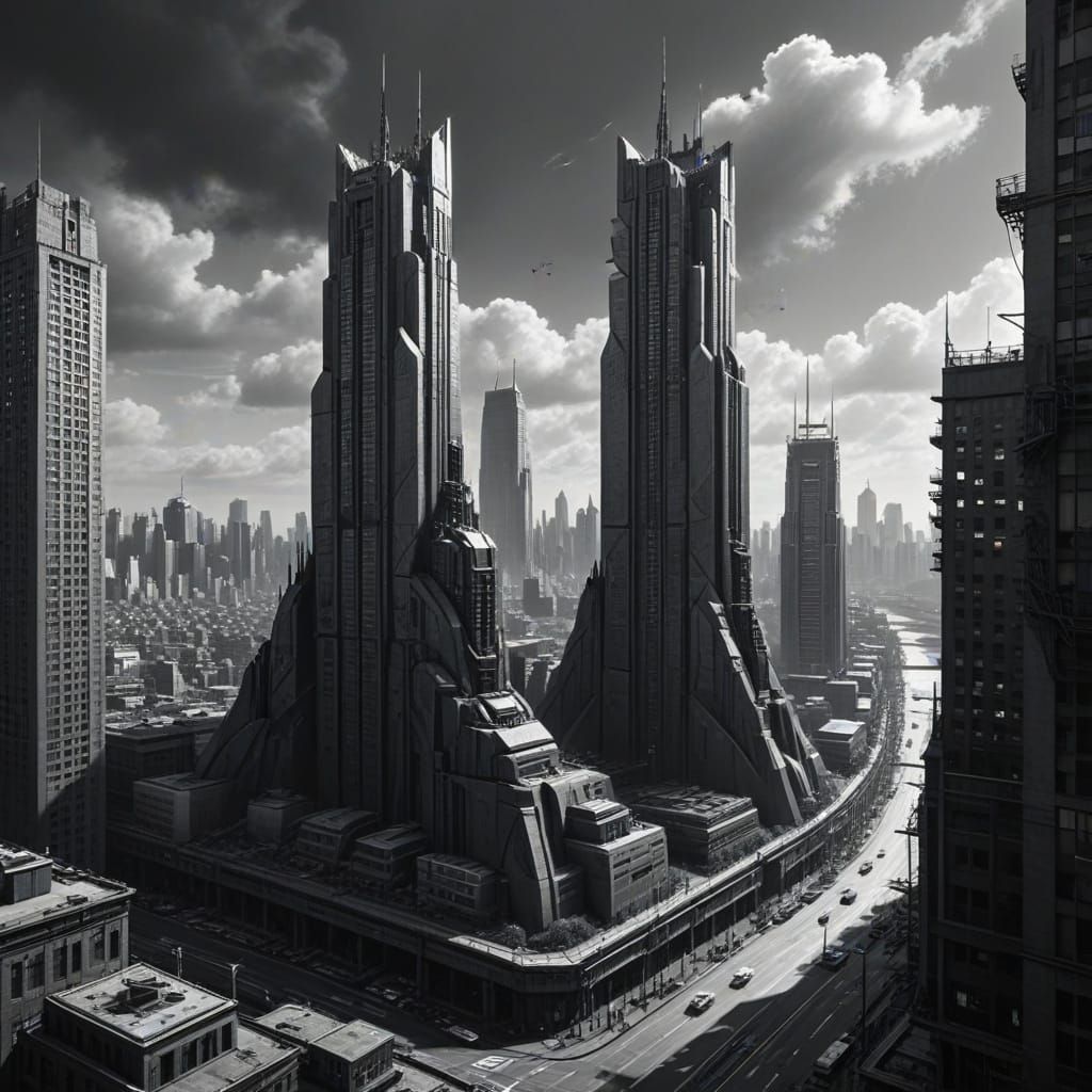 Towering Cityscape in Hyper-Detailed Graphite Sketch