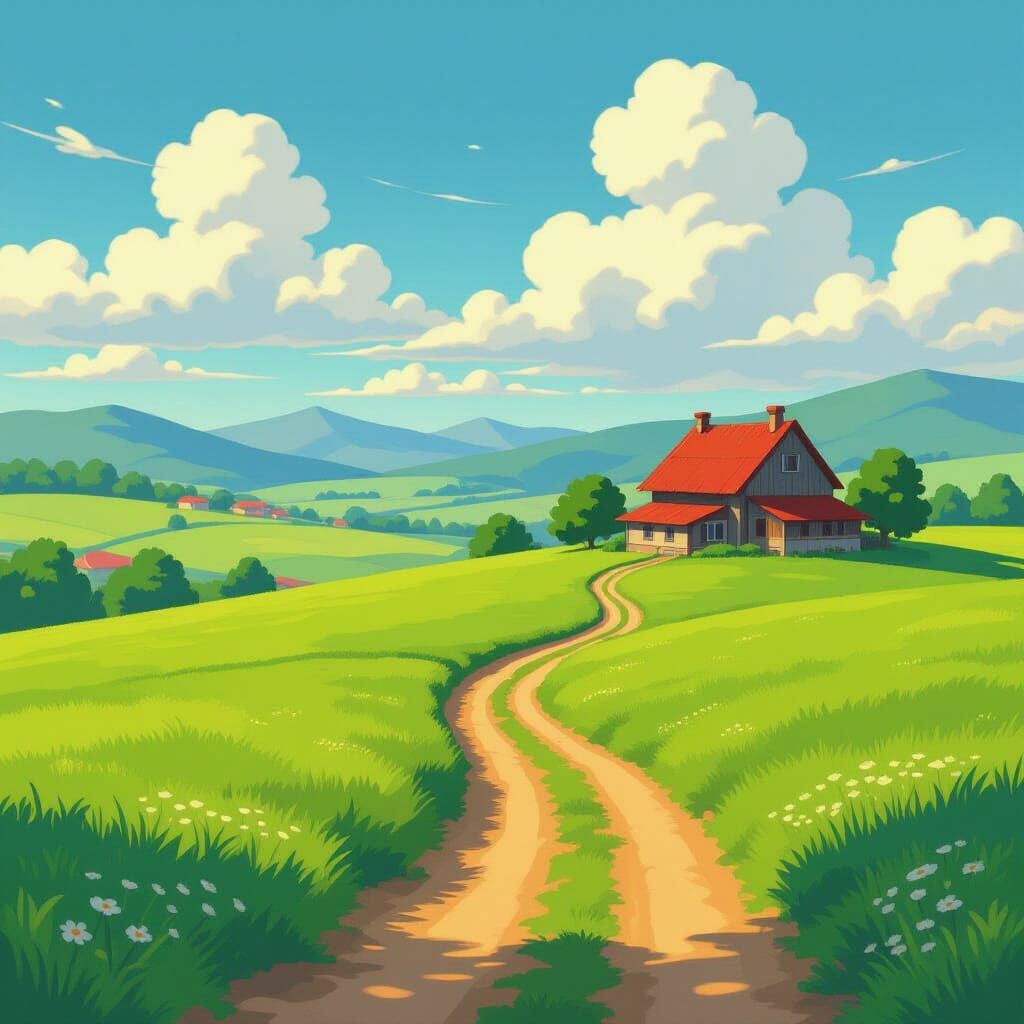 Enchanting Ghibli Landscape with Farmhouse and Rolling Hills