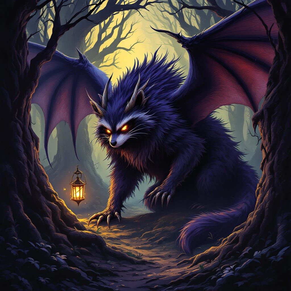 Majestic Raccoon Dragon Hybrid in Eerie Woods