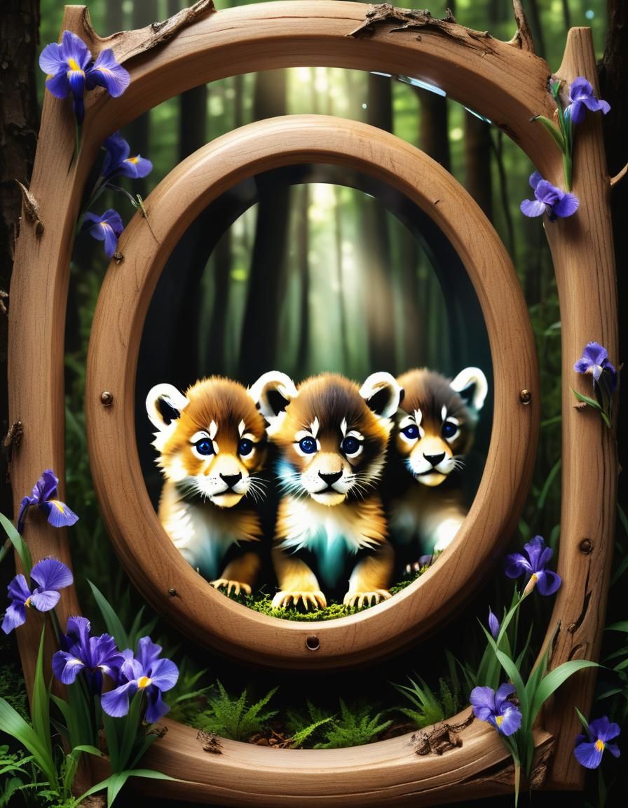 Photorealistic  furry cute cubs inside magic postage frame m...