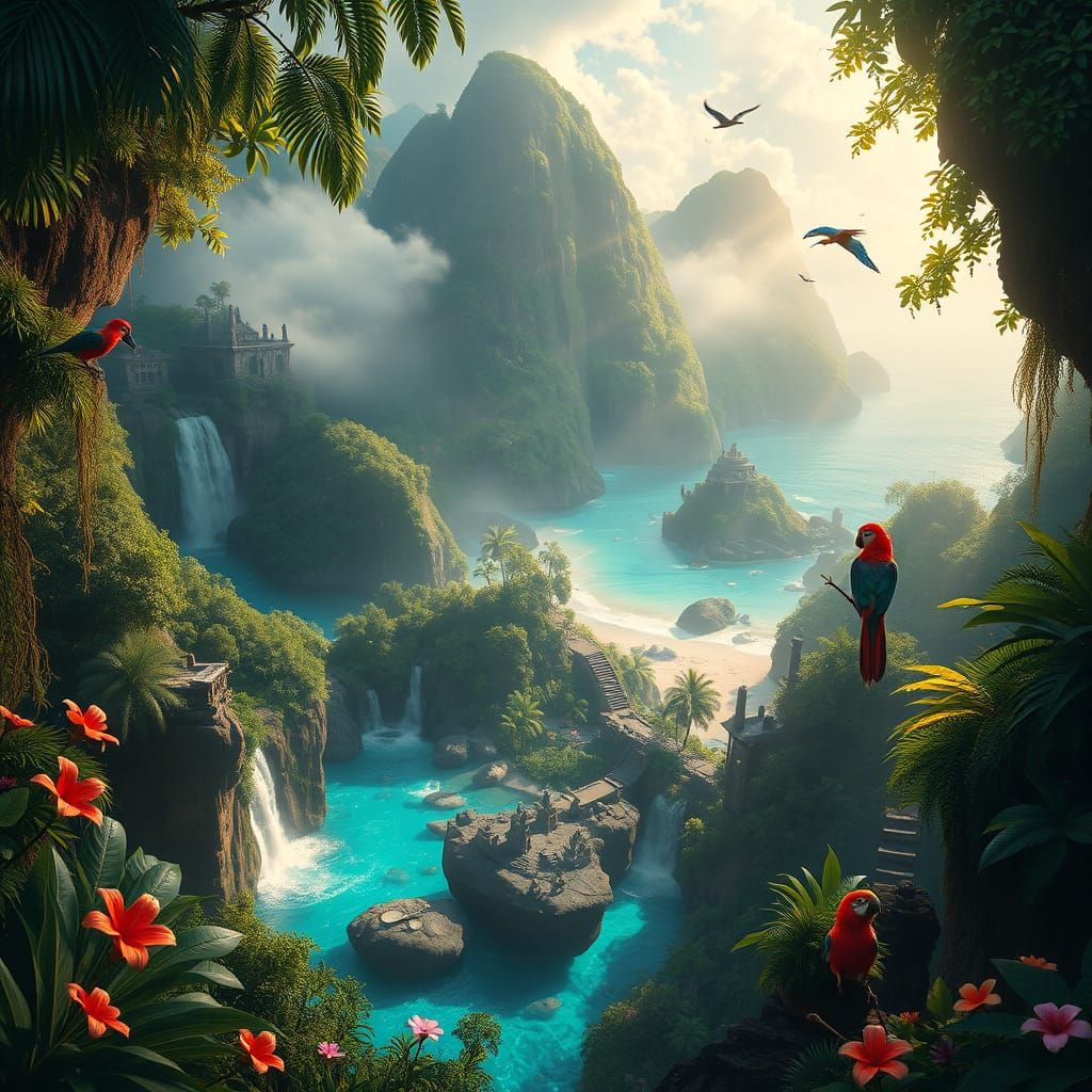 Lush Philippine Island With Waterfalls and Ruins