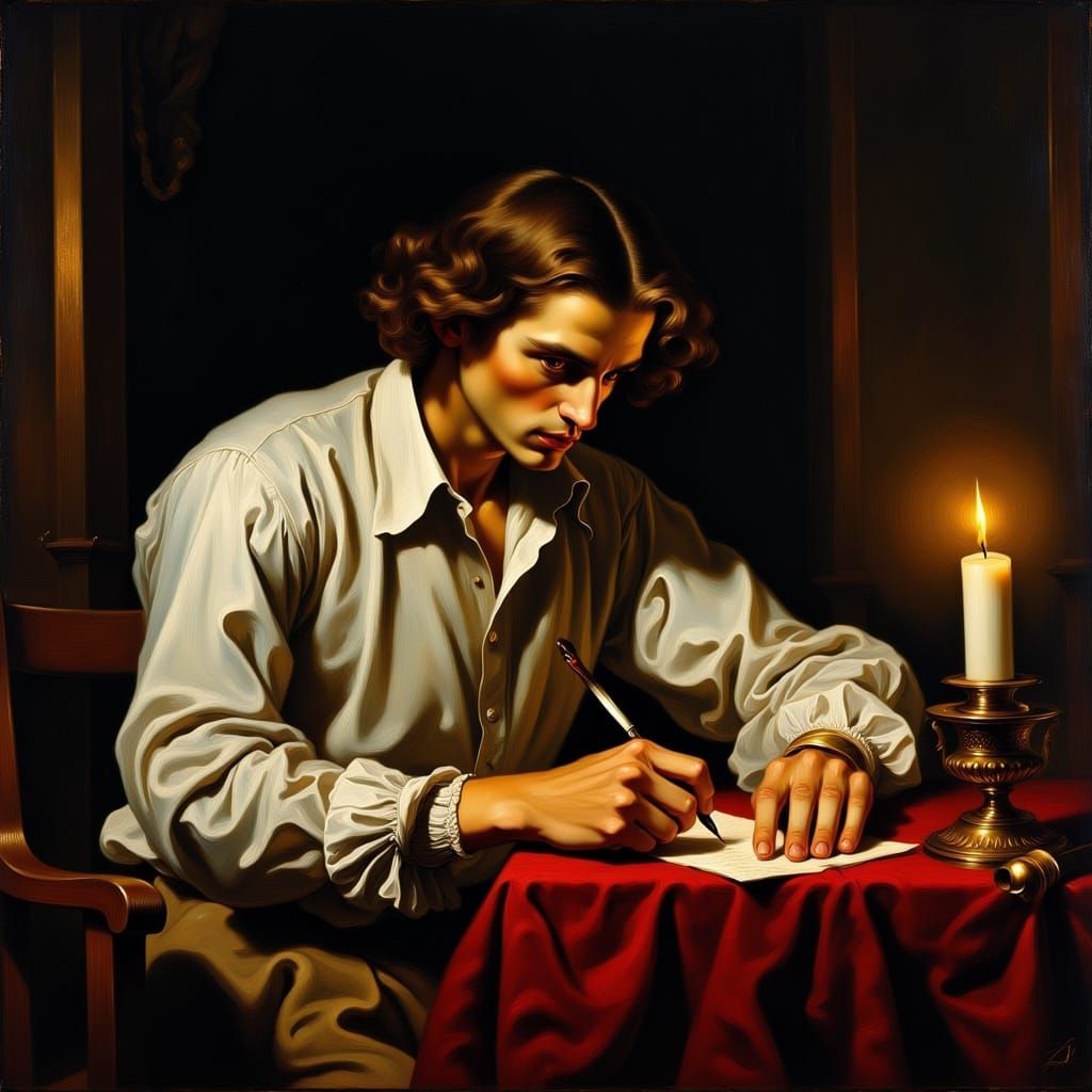 <lora:ChiaroscuroFlux:1.0> <lora:Clair-Obscur v2:1.0> young man writing a letter with a goose feather, illuminated by a ...