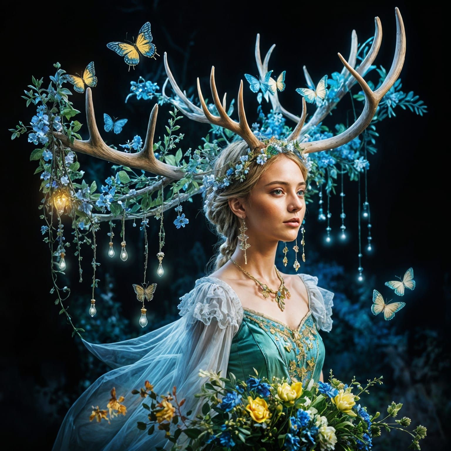 Luminous Woman with Antlers and Flowers