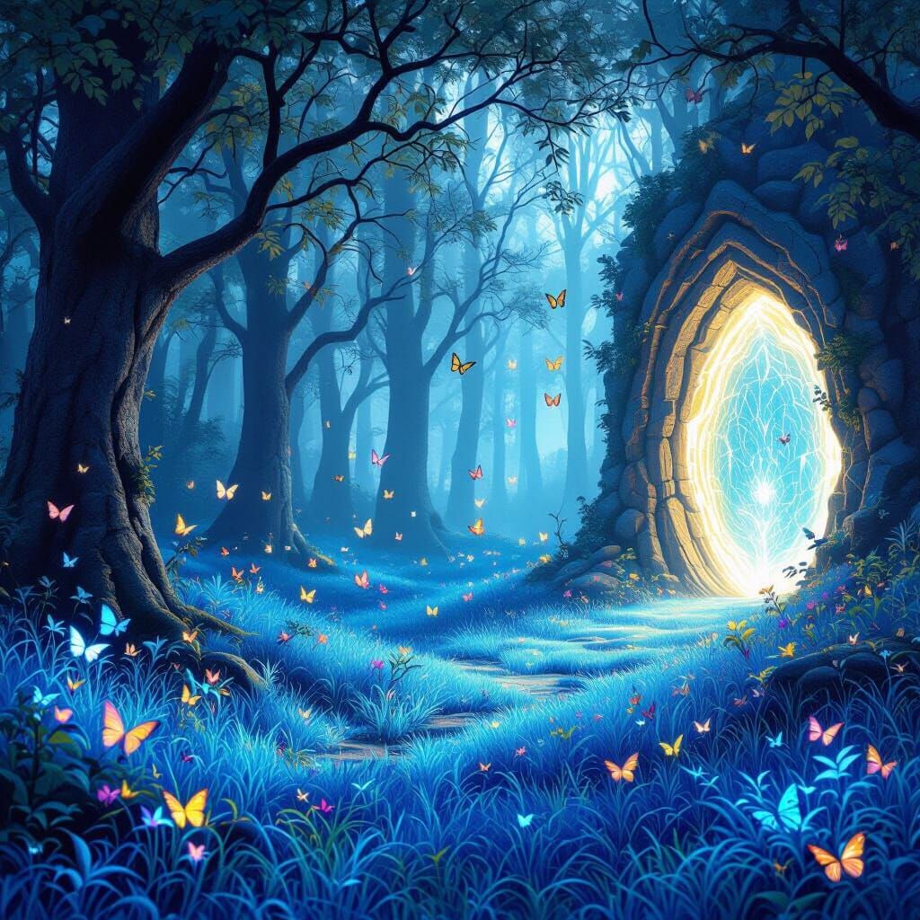 Enchanted Forest Portal with Butterflies in Digital Matte St...