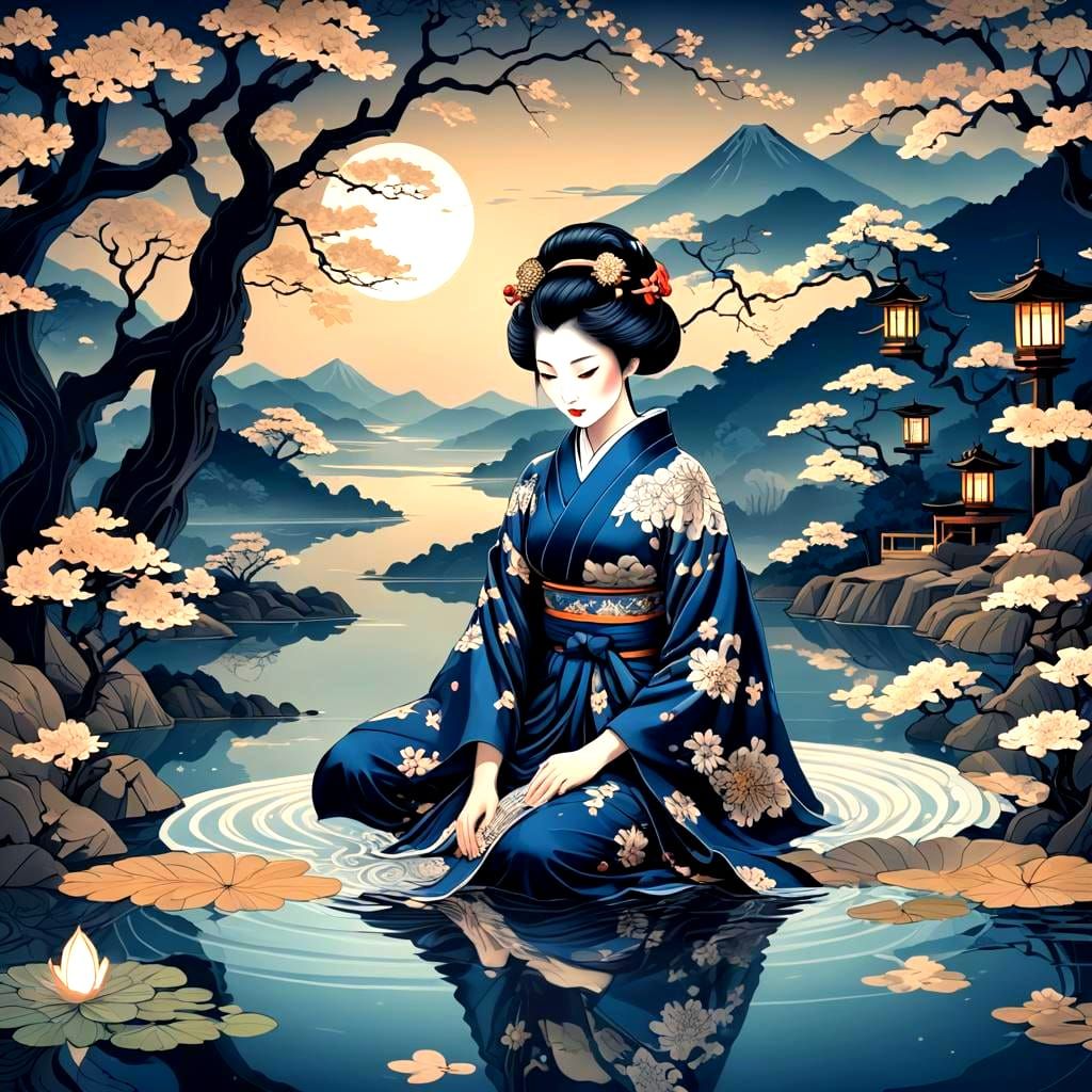 Ethereal Japanese Geisha in a Tranquil Tea Room Scene