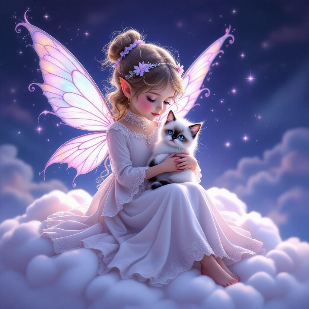 Fantasy Fairy Girl with Kitten in Mystical Setting
