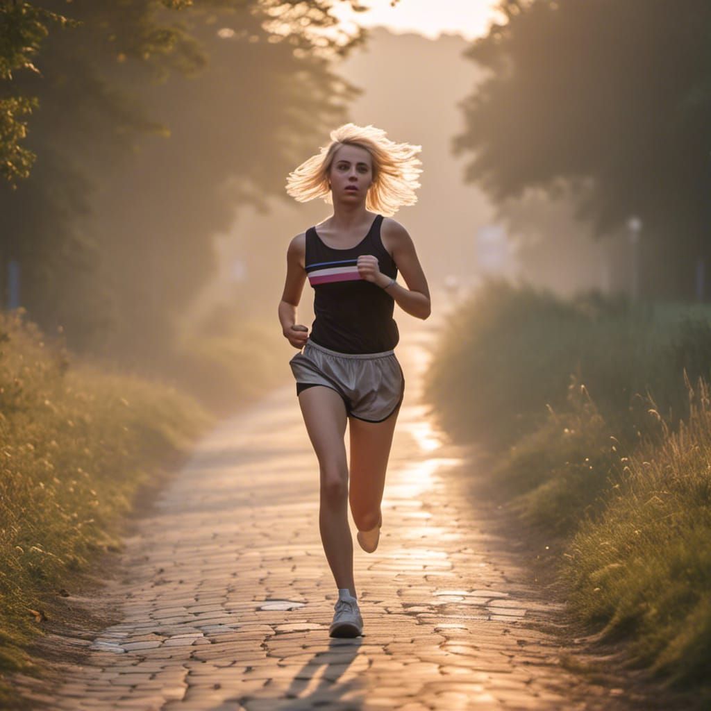 Blonde Trans Athlete Running Along Canal in Early Morning Mi...