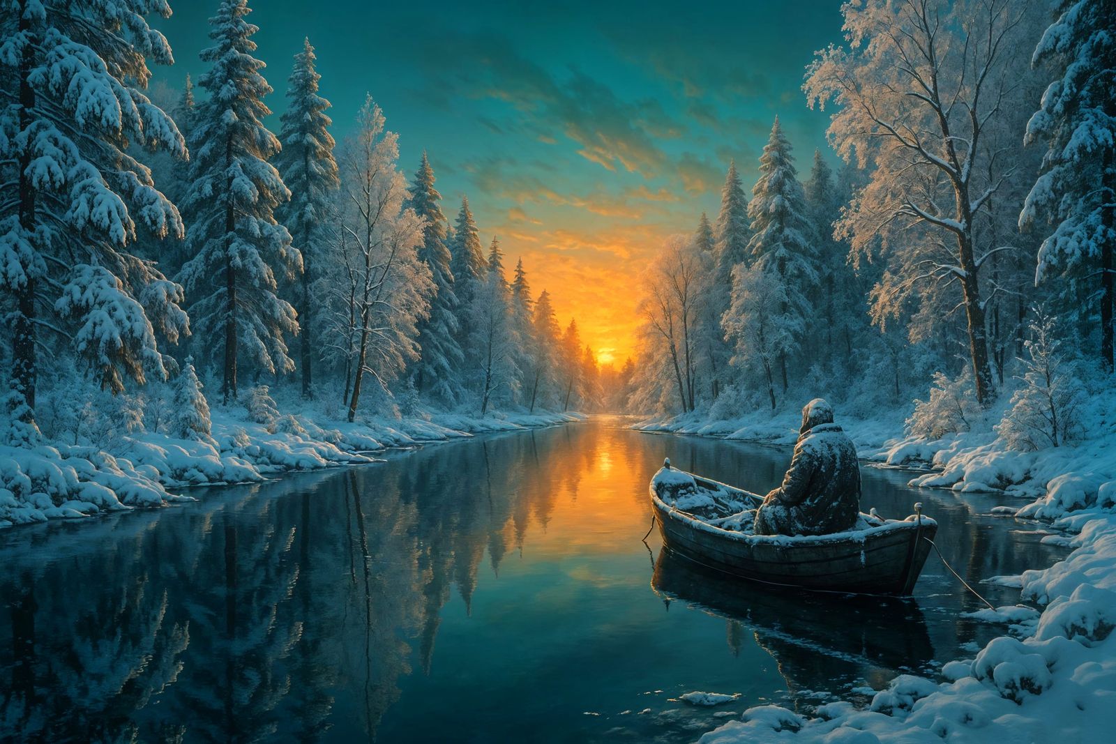 Hyperrealistic Winter Sunrise Over Snow-Covered River