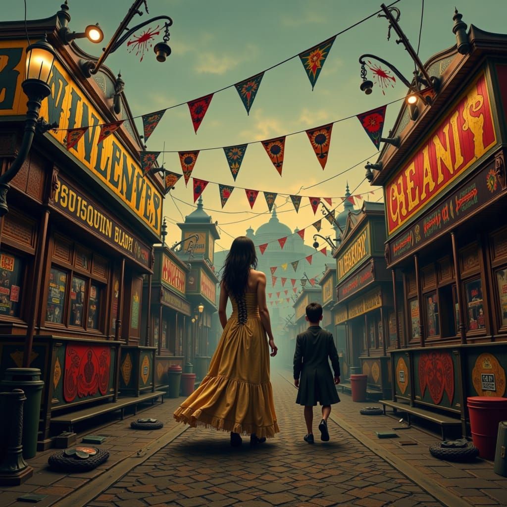 Eerie Victorian Woman at Deserted Carnival