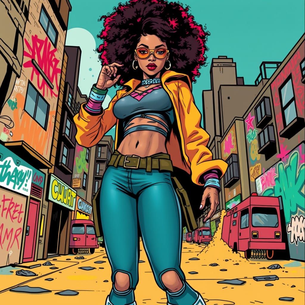 Funky Heroine Confronts Cyberpunk Foe in Vibrant Cityscape