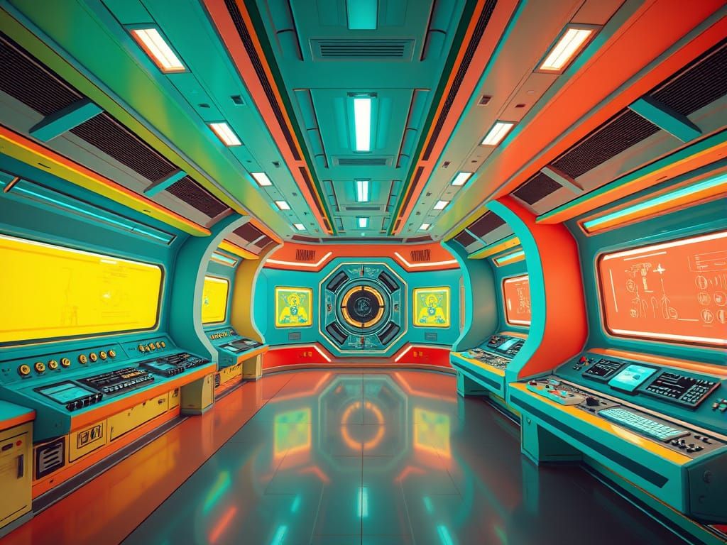 Retro Futuristic Space Station Interior in Vibrant Triadic C...