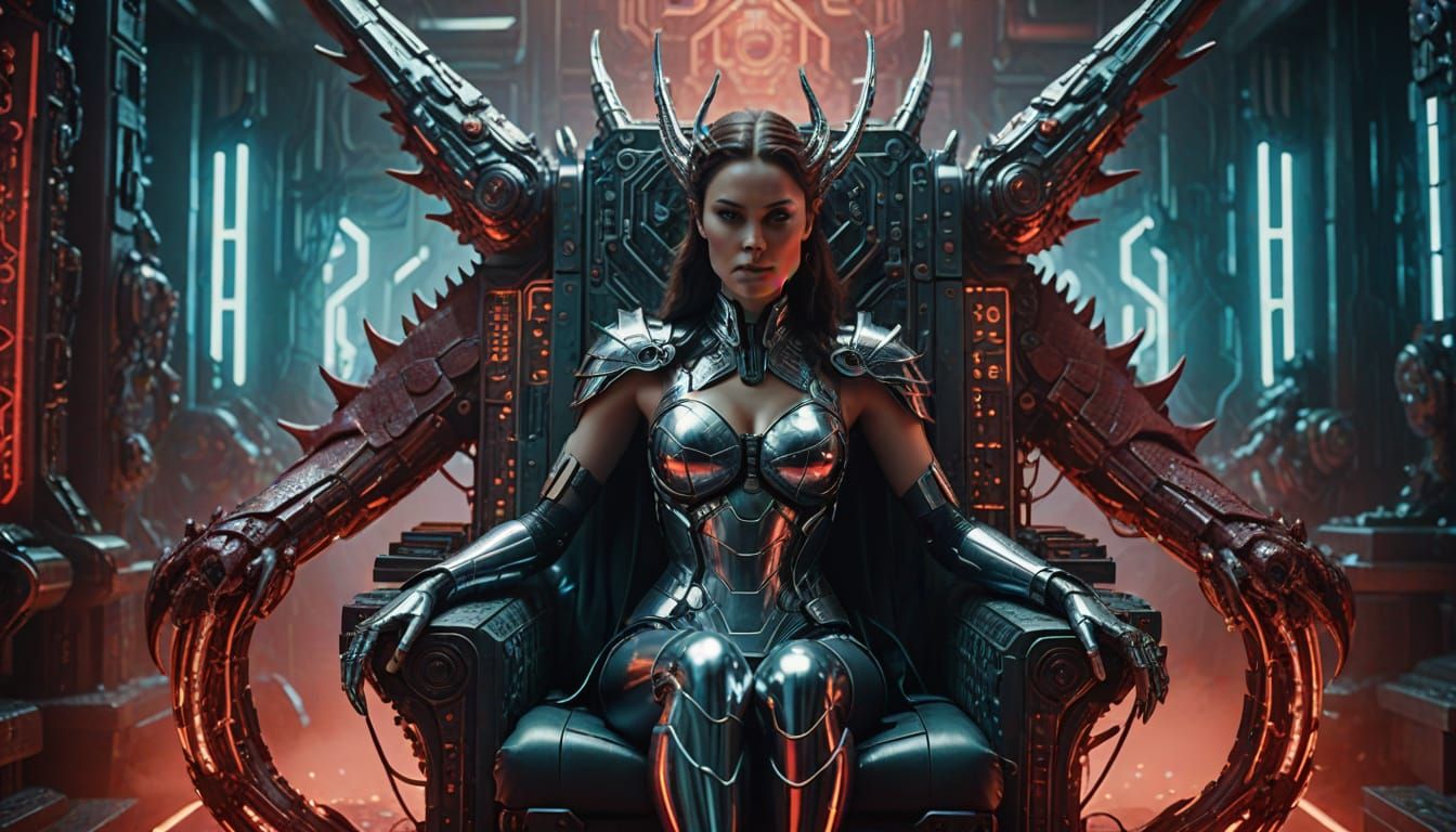 Chrome Superheroine on Circuit Board Throne