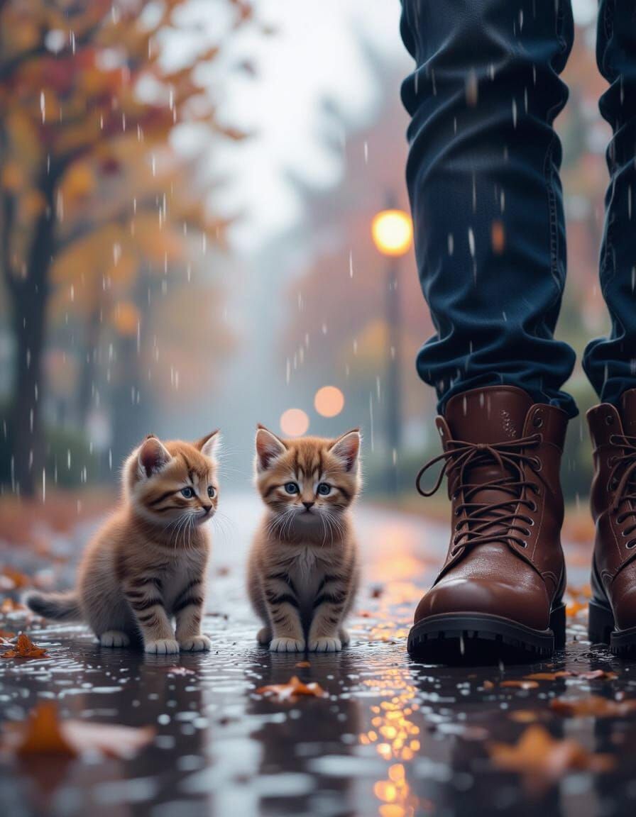 Kittens in Cold Rain Under Giant Feet