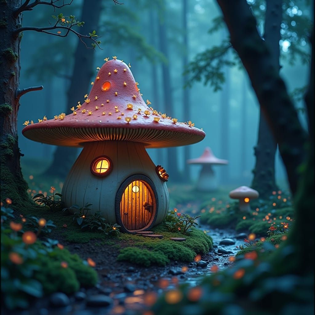 Surreal Mushroom Abode in Bioluminescent Enchanted Forest